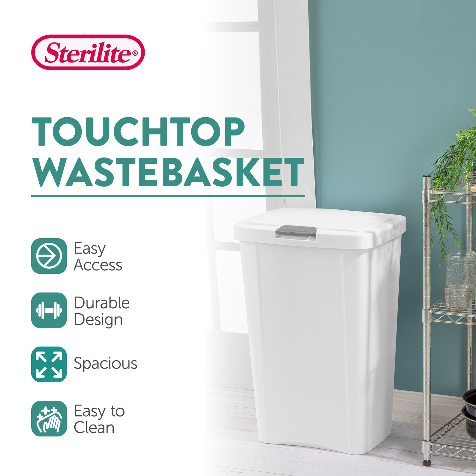 Sterilite 13 Gallon TouchTop Wastebasket with Titanium Latch, White (4 Pack)