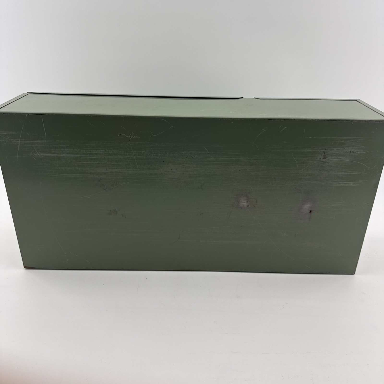 Vintage X-10 Light Green Metal Storage Box 21.5x10x5 Slide Lid