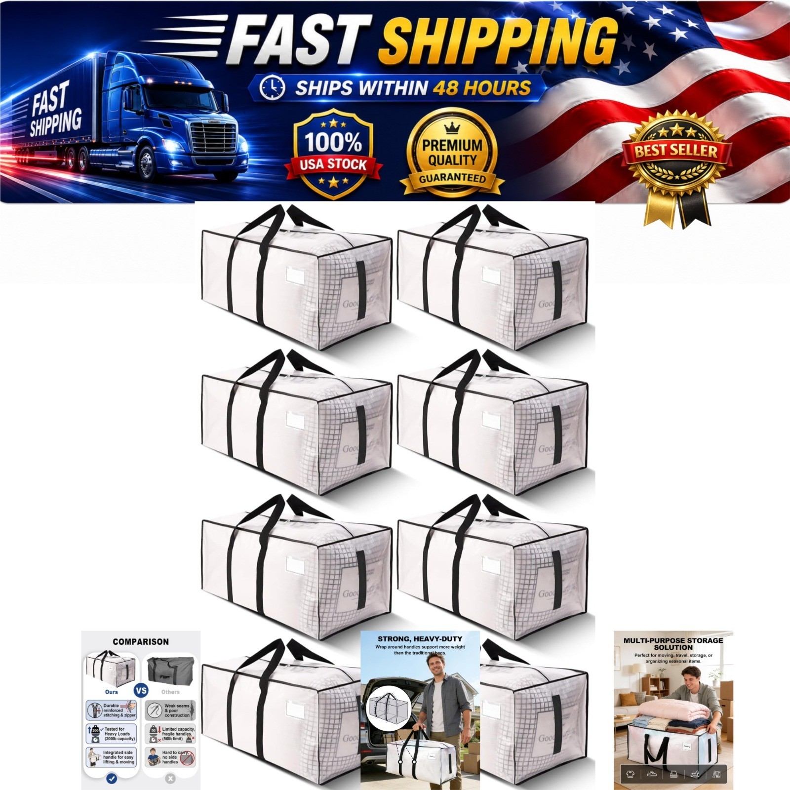 HOMESURE Moving Bags 8 Pack 24 Gal Heavy Duty Storage Totes Zipper
