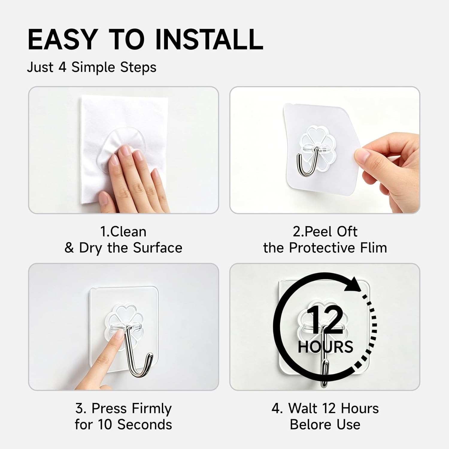 16 Pack Crystal Clear Adhesive Hooks for Hanging, Heavy Duty 22Lb | Sticky Hooks