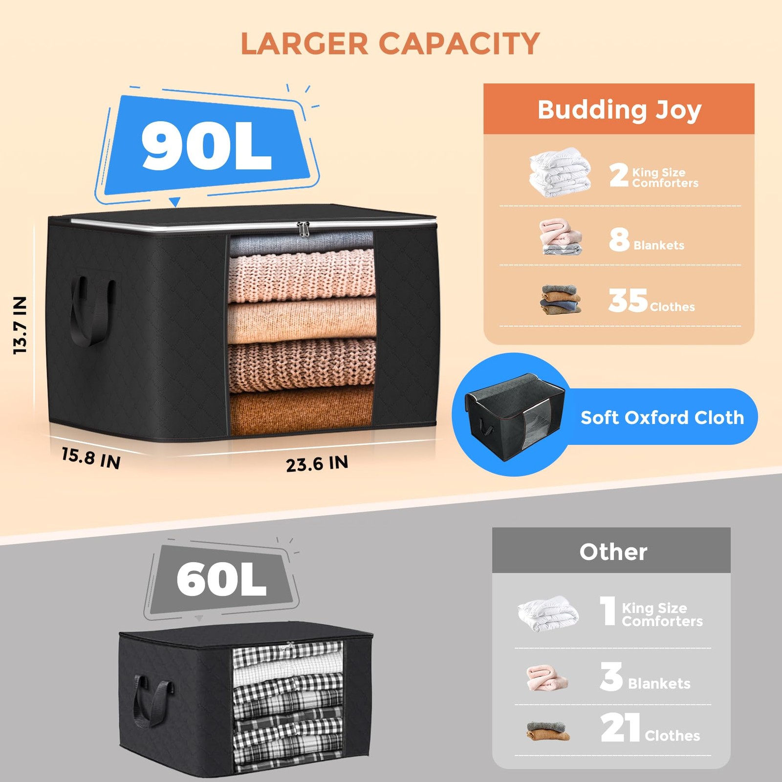 4 PCS 90L Large Clothes Storage Bags Foldable Closet Organizer Bins Black