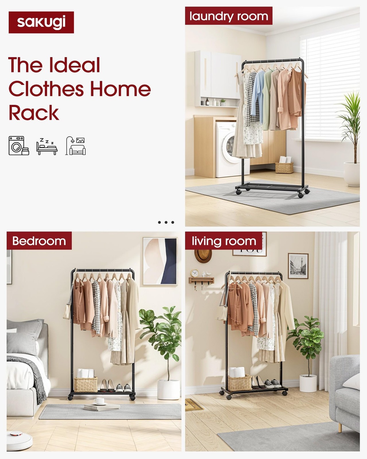 Clothing Rack with Shelf and Wheels Heavy Duty Metal Garment Rack Black