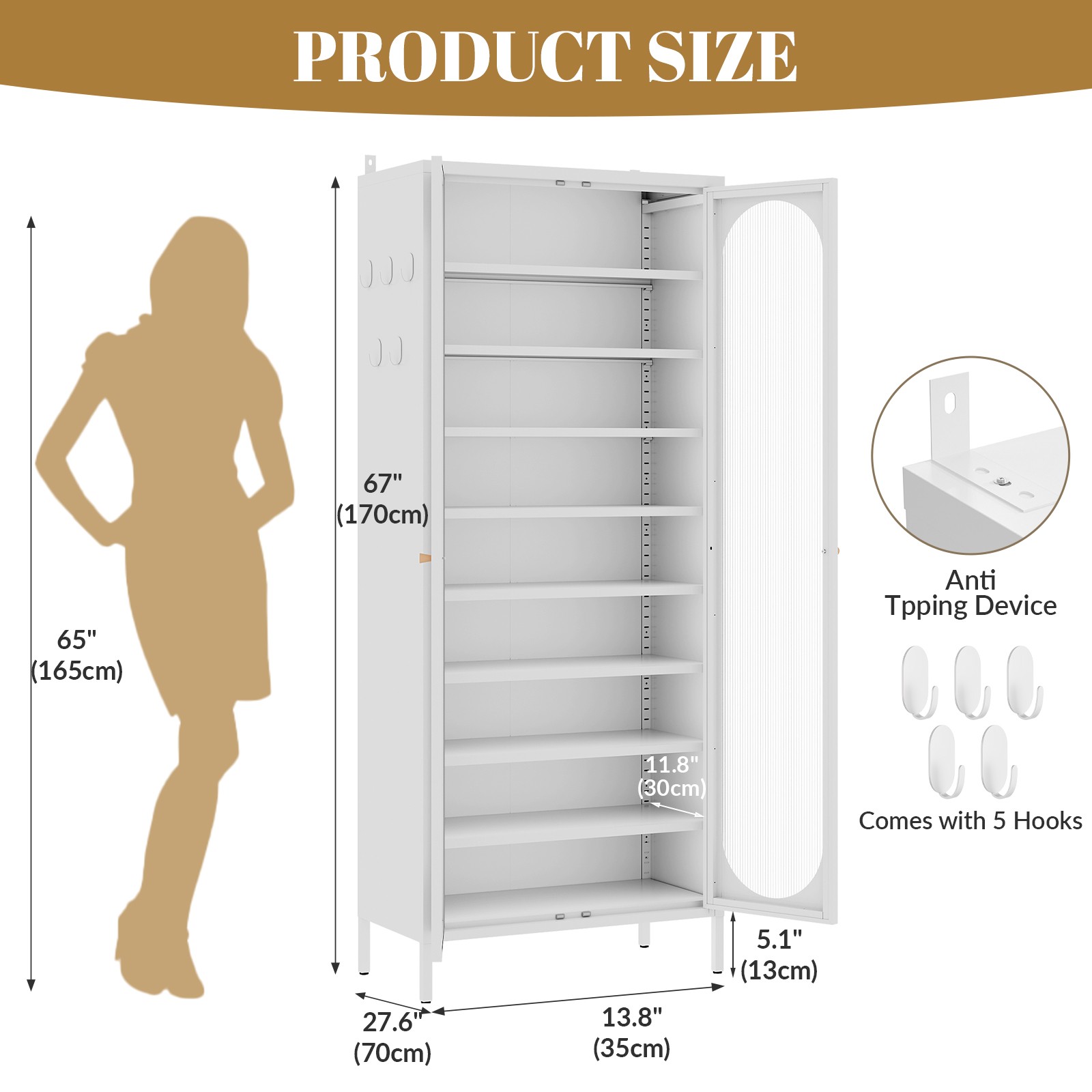 9-Tier Shoes Storage Rack w/ Fluted Doors 67″ Height Shoes Cabinet Steel Frame