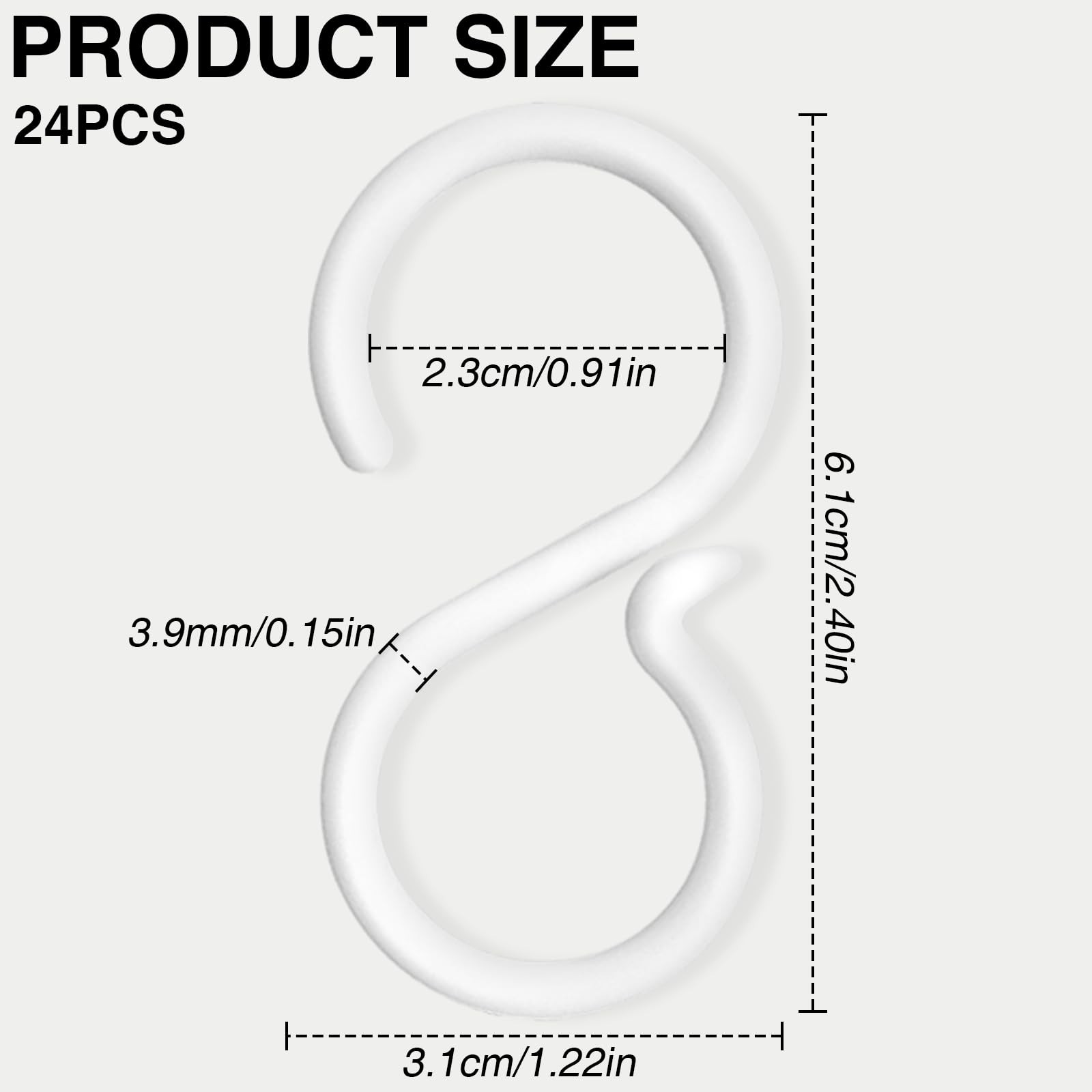 24 PCS White Plastic S Hooks for Hanging, Holds Up to 10 Lbs