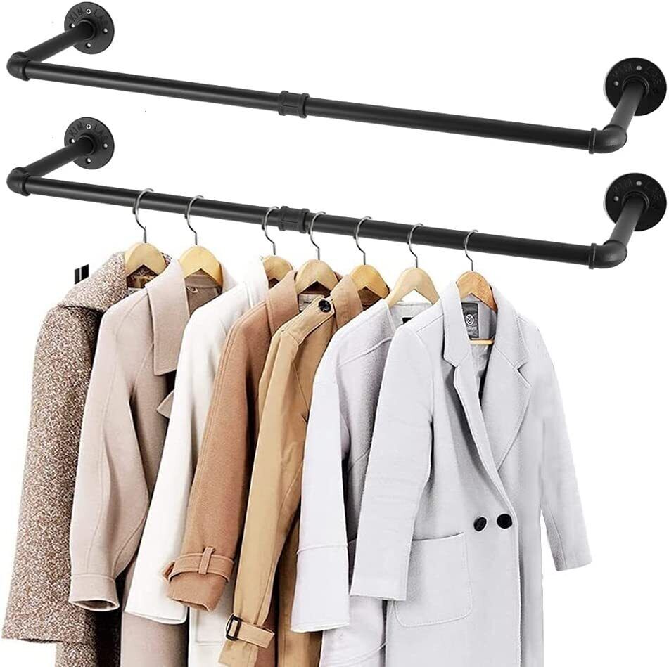 2X Wall Mounted Clothes Rack Industrial Pipe Clothes Hanging Bar Space Saving