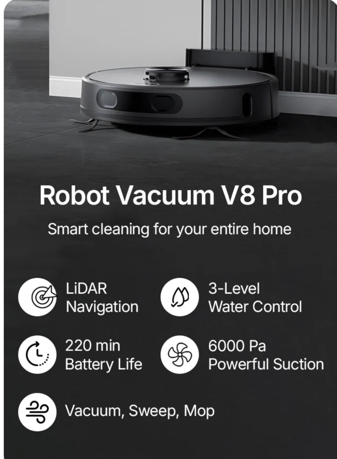 ORYZOM Robot Vacuum V8 Pro Fully Automatic Cleaning with Mopping Function