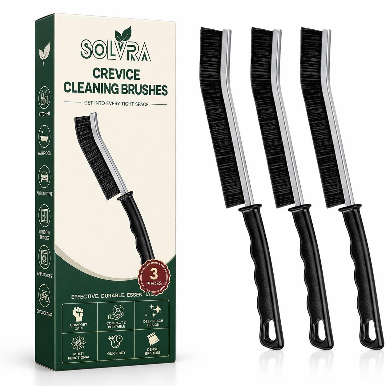 3 Pcs Black Crevice Cleaning Brush Set Hard Bristle Scrub Brushes