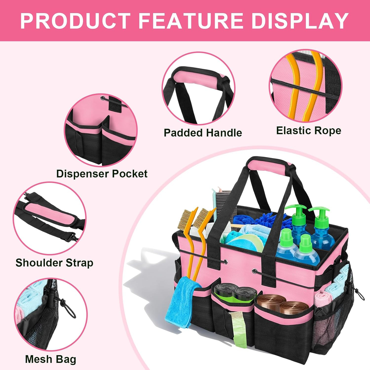 Large Cleaning Caddy Bag – Cleaning Supply Organizer Bag with Handle & Adjustabl