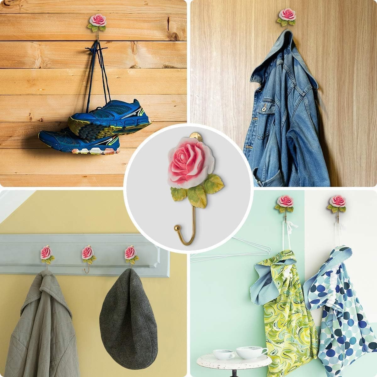 2 Pcs Pink Rose Decorative Wall Hooks Fancy Resin Flower Towel & Key Hooks Metal