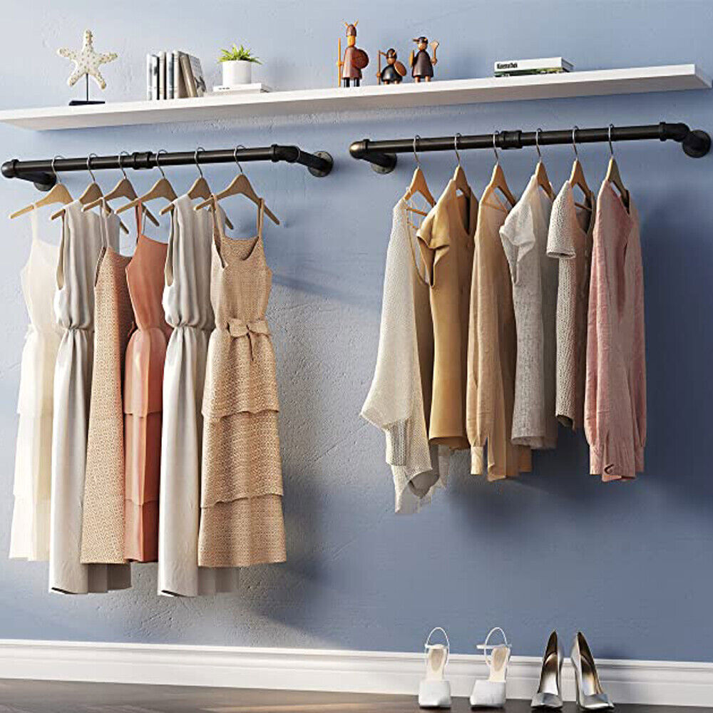 2X Wall Mounted Clothes Rack Industrial Pipe Clothes Hanging Bar Space Saving