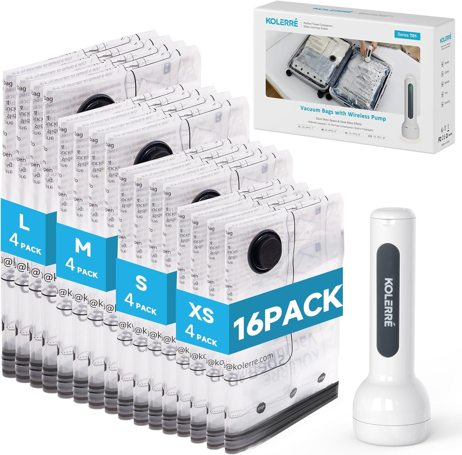 16 Pack Travel Vacuum Bags with Upgraded Rechargeable Pump, 4 Sizes Space Saver