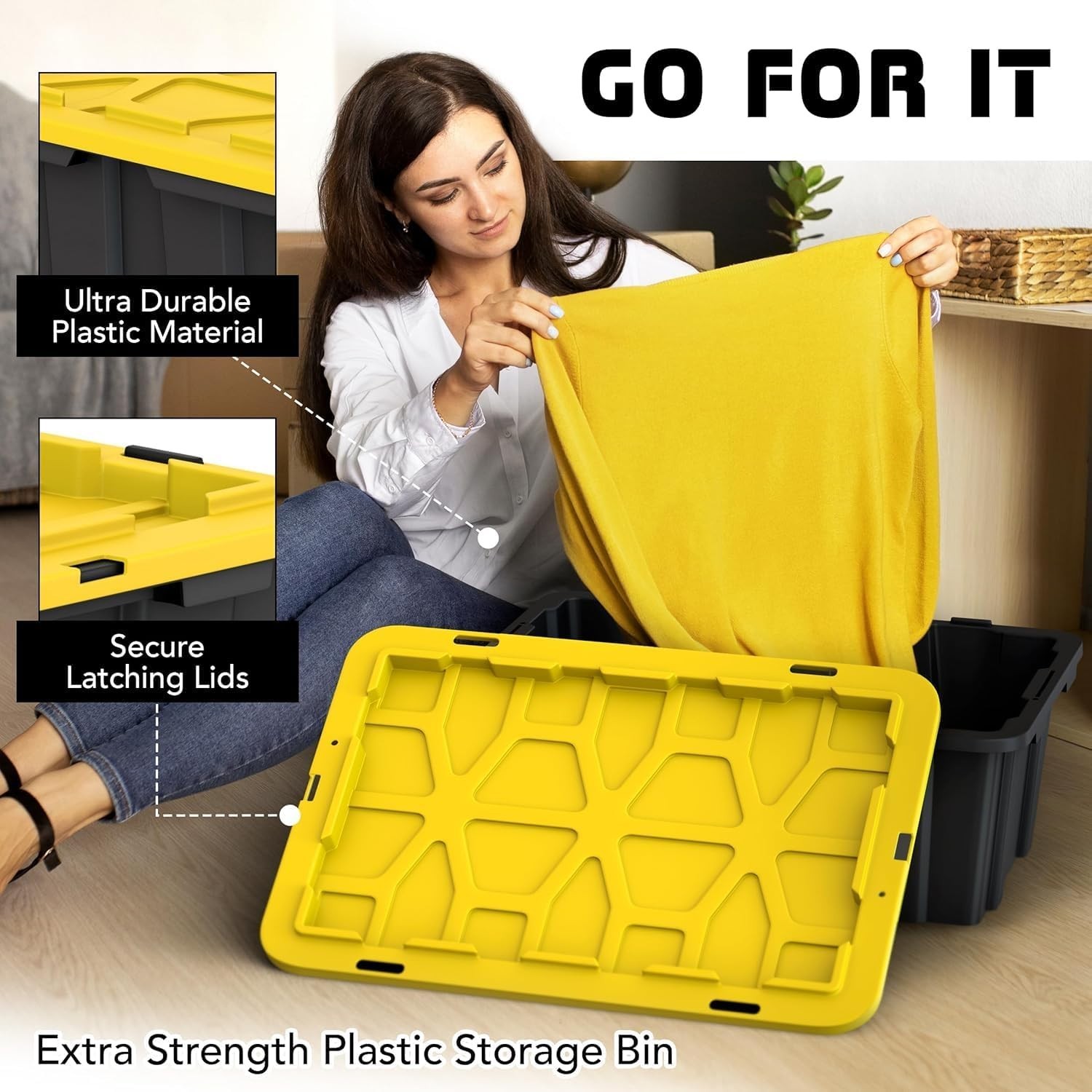 12 Gallon Snap Lid Storage Bin Container Tote Box Durable Plastic Black Set of 8
