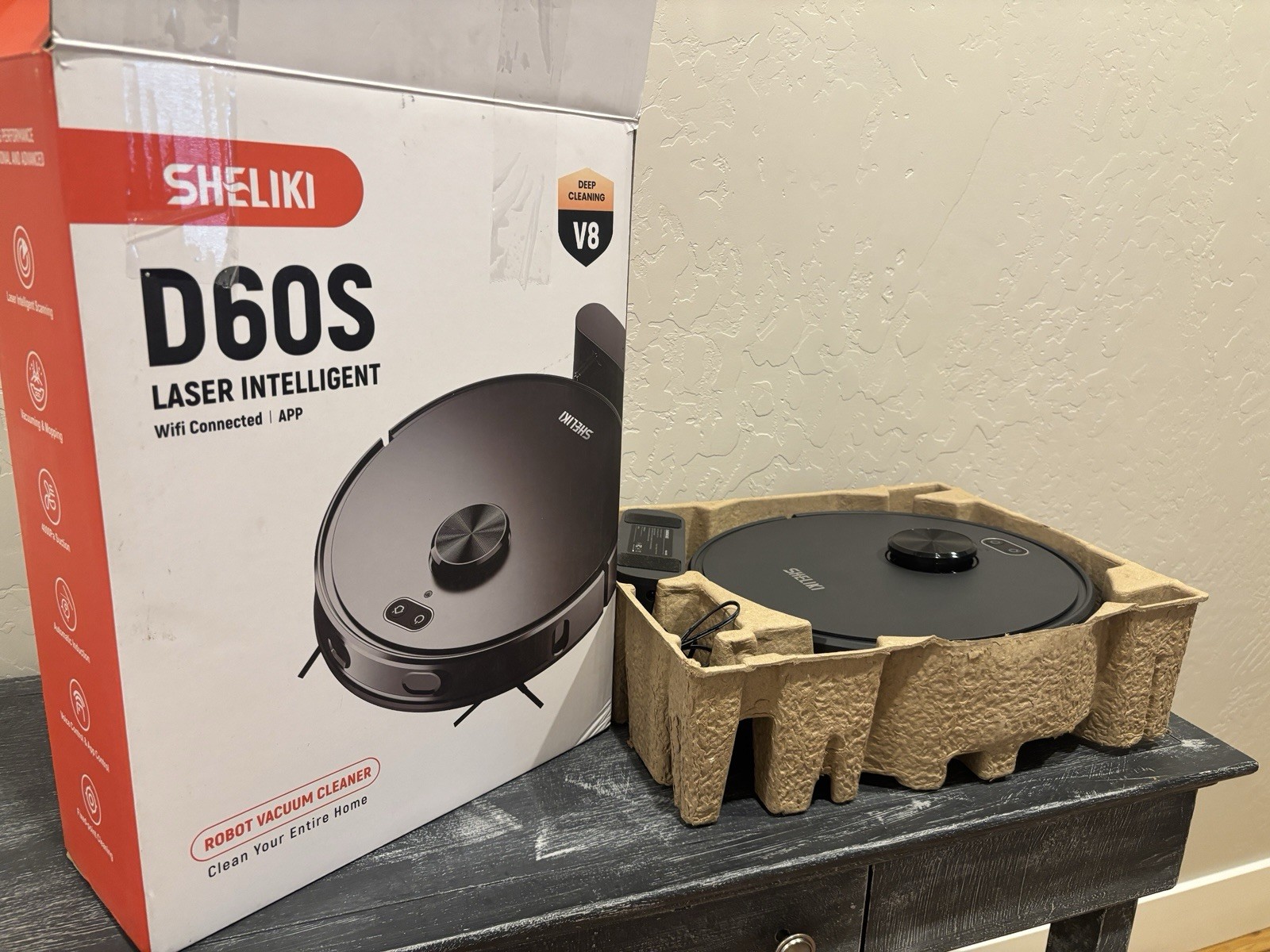 SHELIKI D60S Robotic Vacuum, Cordless Wi-Fi App Control, Black, Adapter