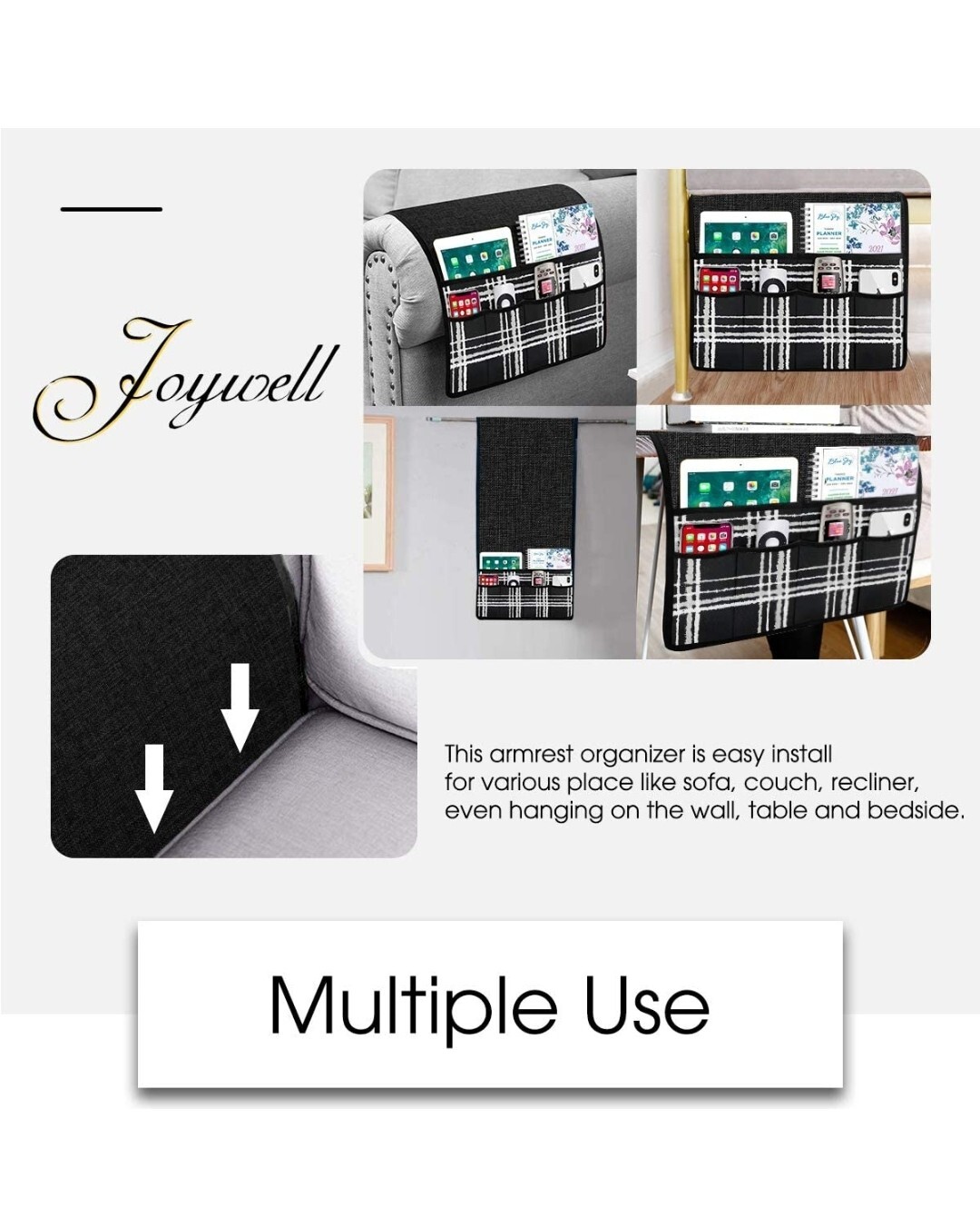 Joywell Linen Checkered Sofa Armrest Organizer, Remote Control Holder for Reclin