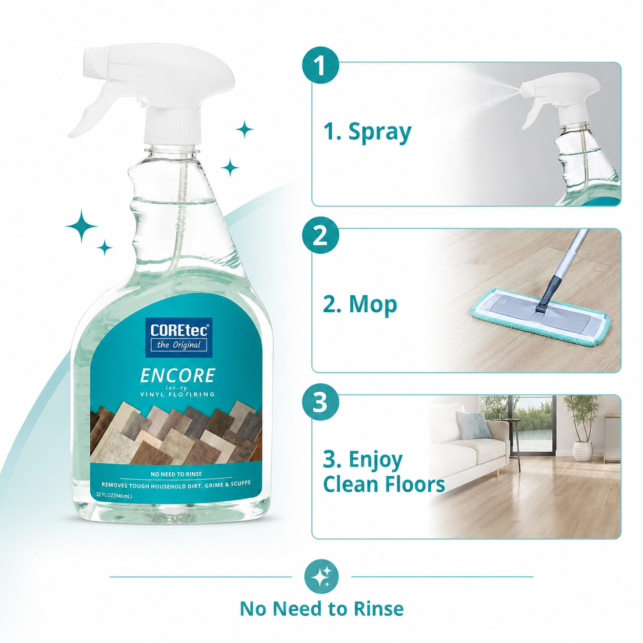 COREtec Encore Floor Cleaner 2 Pack 32 oz Luxury Vinyl No Rinse Spray
