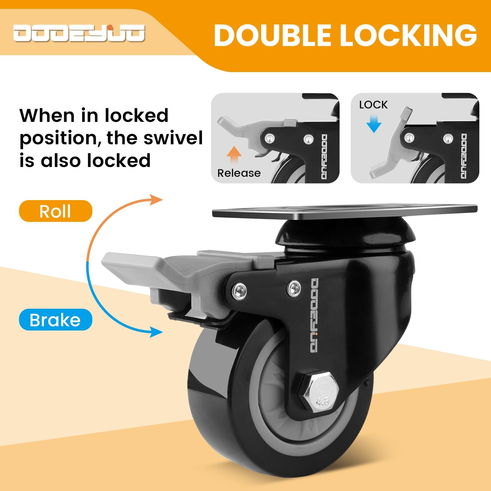4 PCS 2.5 Inch Heavy Duty Caster Wheels Rubber Swivel Brake 710LBS Load
