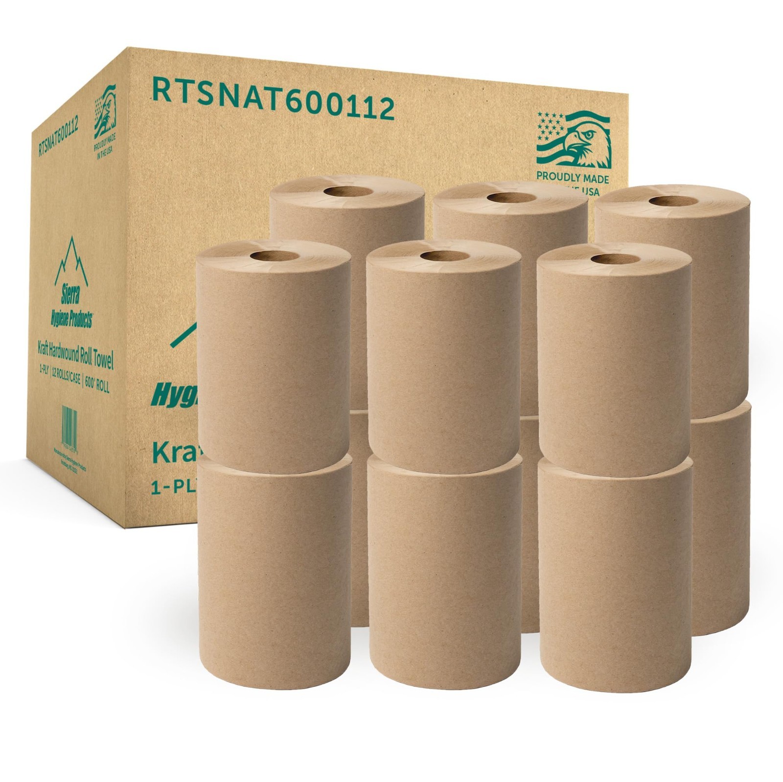 Sierra Hygiene 1-Ply Natural (Kraft) Roll Towels, 8” x 600’, 12/Case, USA