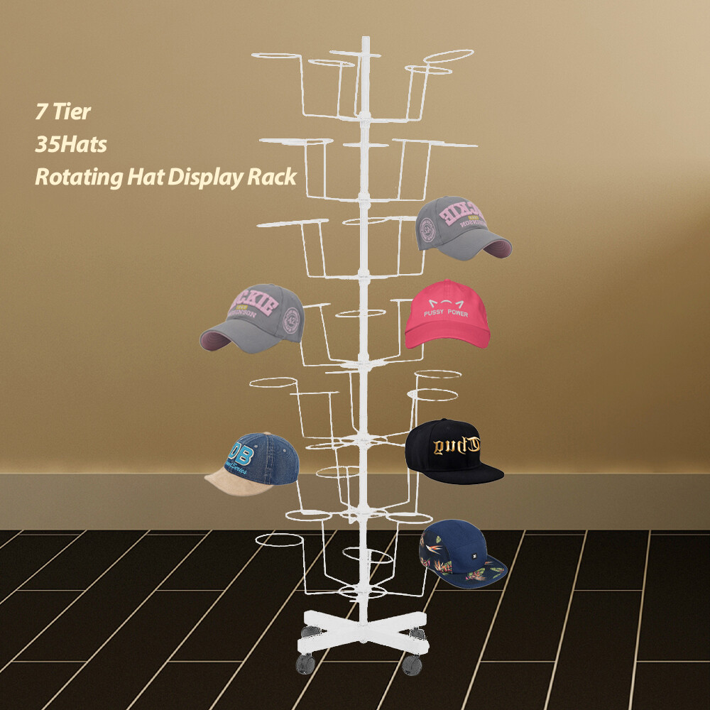 7 Tier Rotating Hat Display Rack Free Standing Metal Floor Caps Headwear Stand
