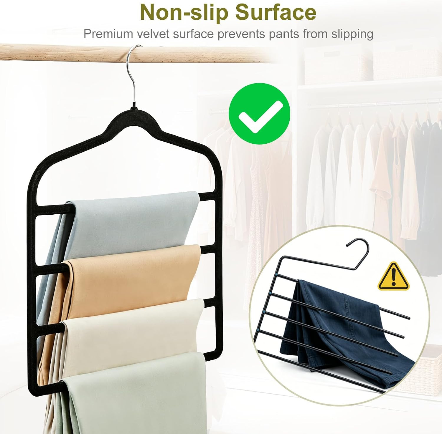 Pants Hangers Space Saving, 2 Pack Velvet-Coated Plastic Multi-Layer