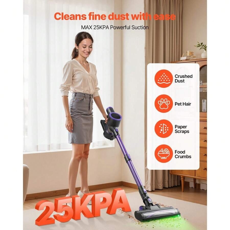 Cordless Stick Vacuum Cleaner 25KPA Suction 35min Runtime For Pet Hair
