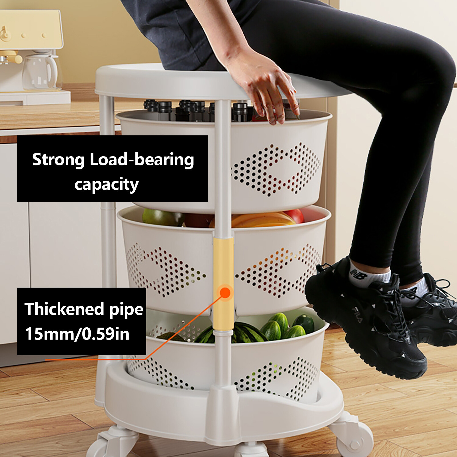 3-Layer Kitchen Storage Cart with Rotating Baskets for Fruits and Vegetables