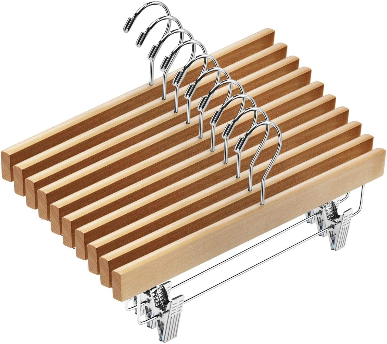 20Pcs Wooden Pants Hangers Solid Pants Hanger with Adjustable Clips 14 Inch Natu