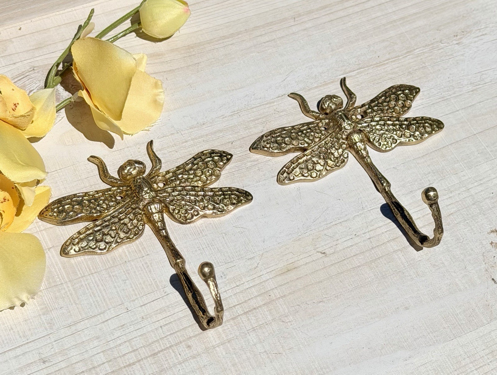 Gold Metal Wall Hook Dragonfly Polished Finish Set of 2 Art Nouveau Wall Mounted