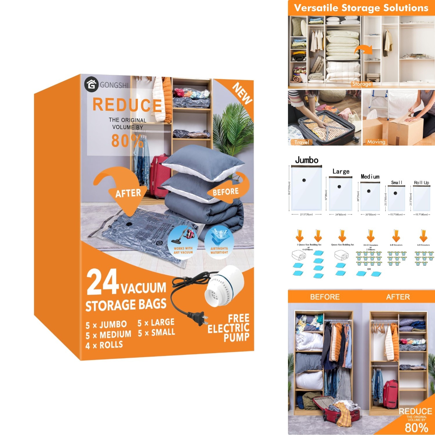 Vacuum Seal Storage Bags 24 Pack with Electric Air Pump for Comforters Clothing