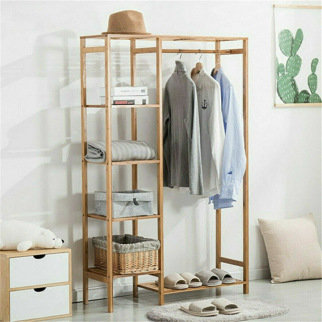 Bamboo Wood Garment Rack Clothes Hanging Stand Shoe Coat Storage Organizer Shelf