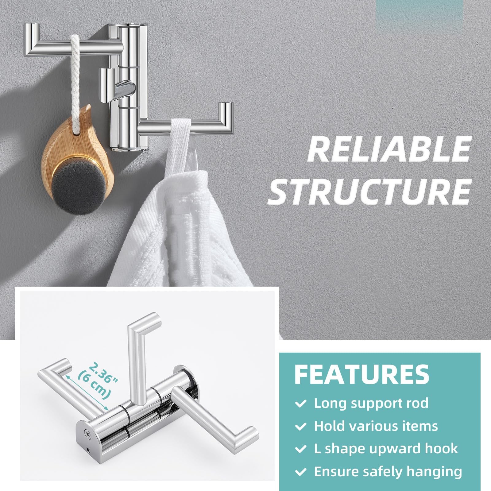 Swivel Towel Hook Polished Chrome 304 Stainless Steel Triple Robe Hook With Mult