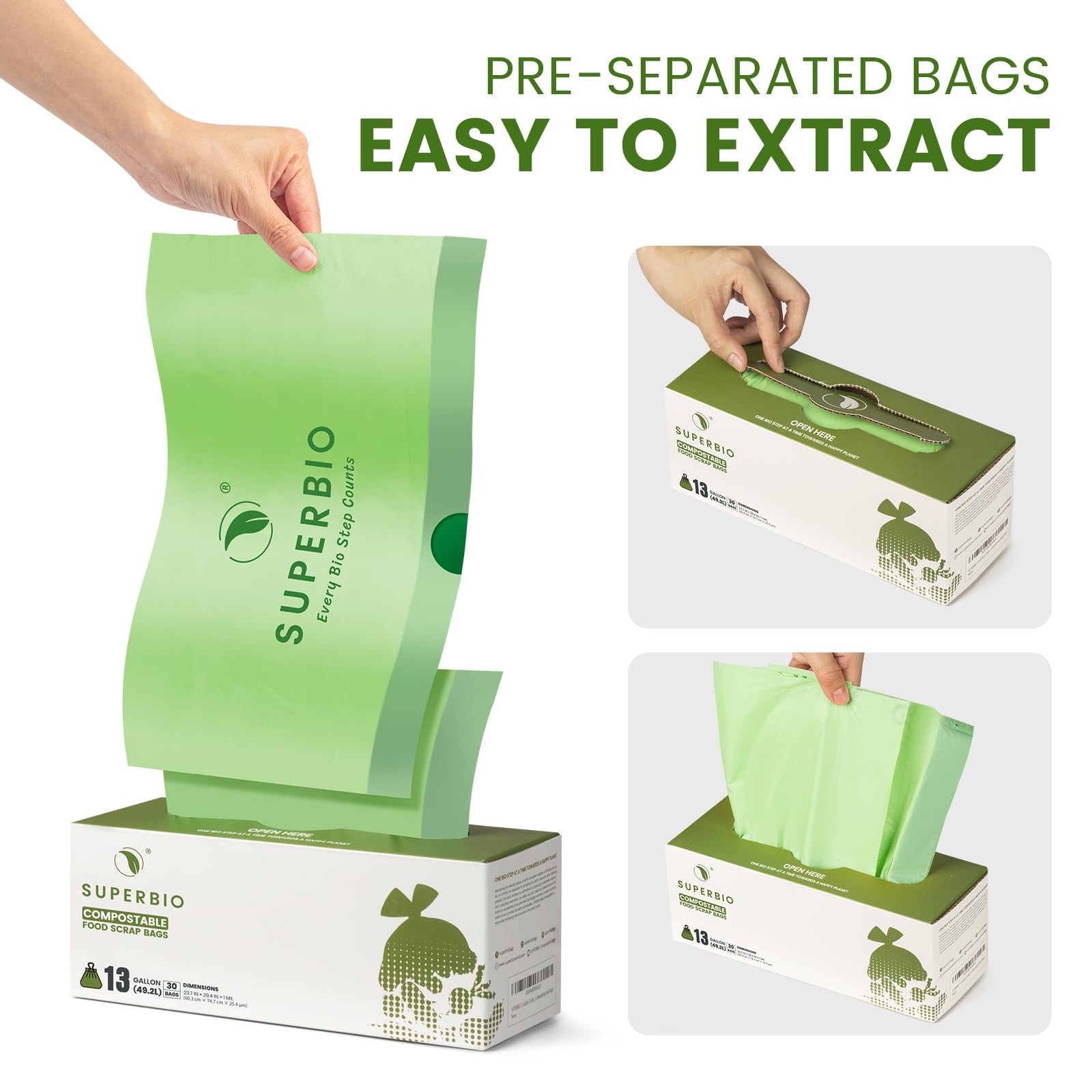 Best SUPERBIO 13 Gallon Compostable Drawstring Kitchen Waste Bag, 49.2 Liter, 30