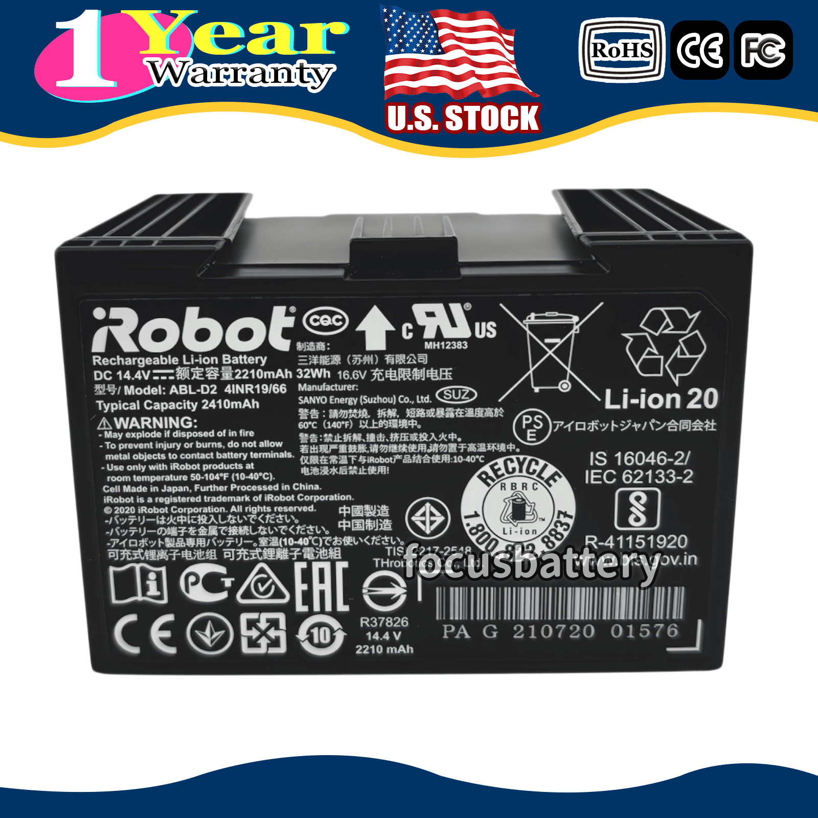 ABL-D2 14.4V 2210mAh Li-ion Battery for iRobot Roomba i3 i4 i7 i8 e5 e6 j7 Serie