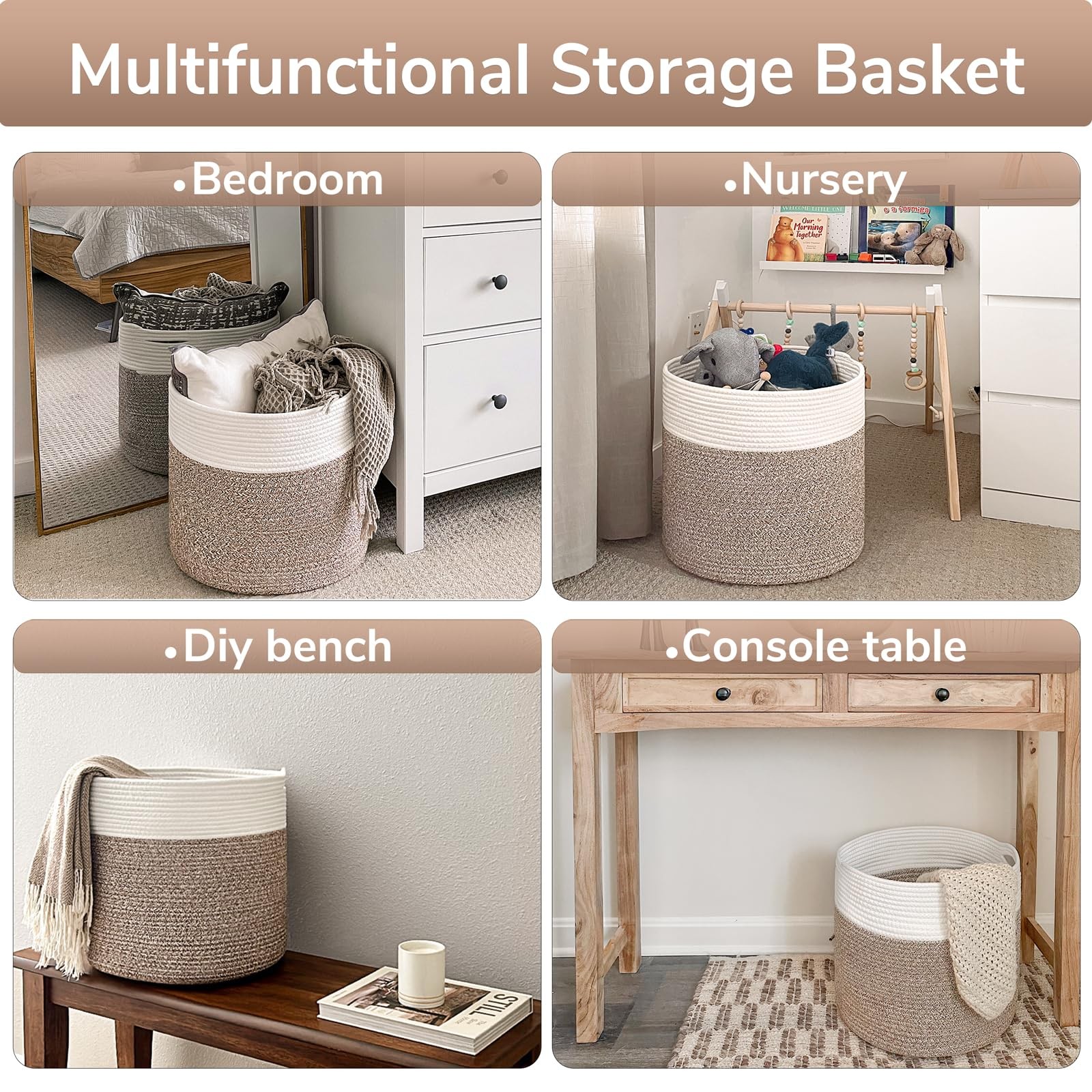 15.8 x 15.8 x 13.8 Inches Blanket Basket – Cotton Rope Baskets for Blankets &…