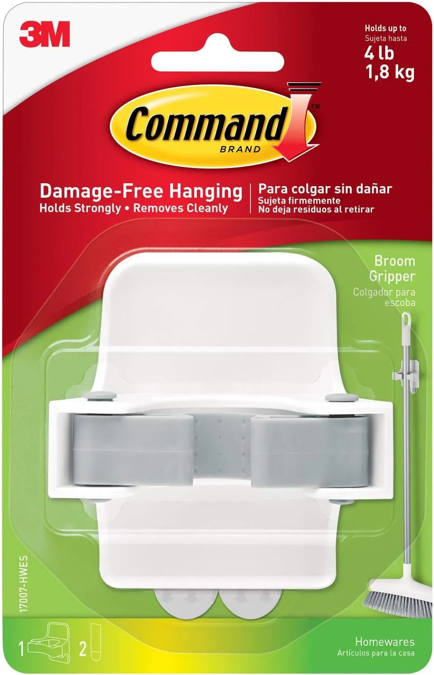 Command Large Broom Grippers, White Wall Mount Holder, 2 Grippers, 4 Strips