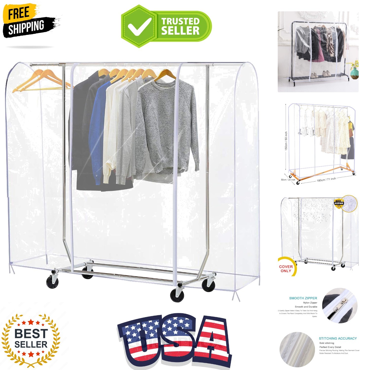 Clear Garment Rack Cover Dustproof Clothes Rack Cover with 2 Durable Zipper/C…