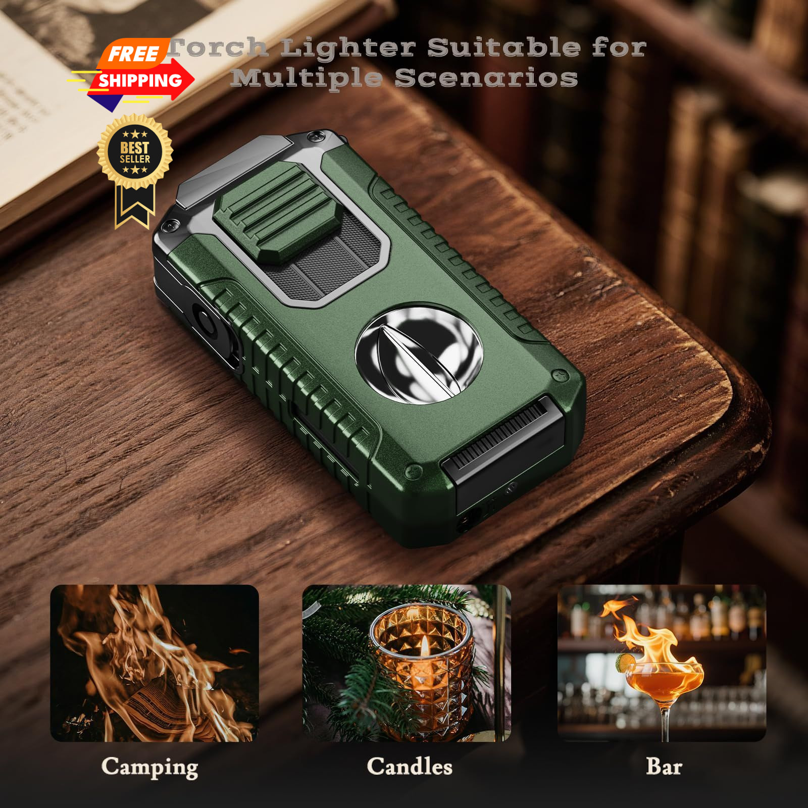 5-in-1 Torch Lighter with Tool, Punch, Holder, and 3.35*1.67*0.92 in, Green