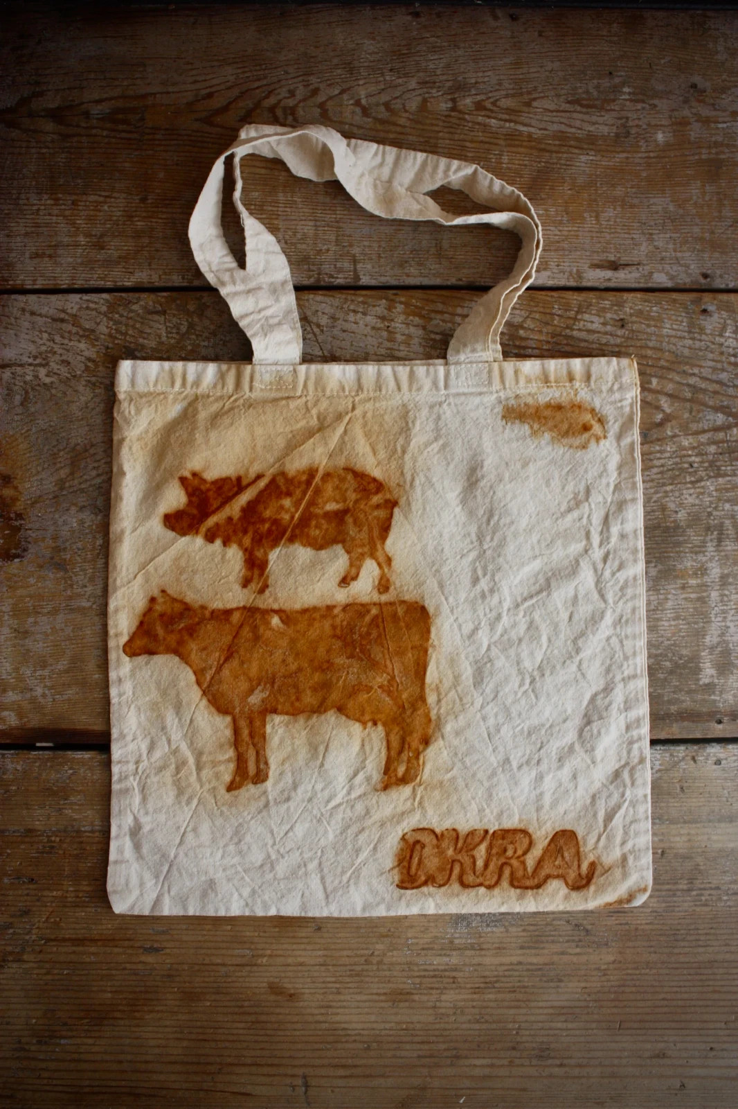 Light Cotton Tote Bag Rust Dyed Cleavers Handmade Book Bag Farmers Market 14×14