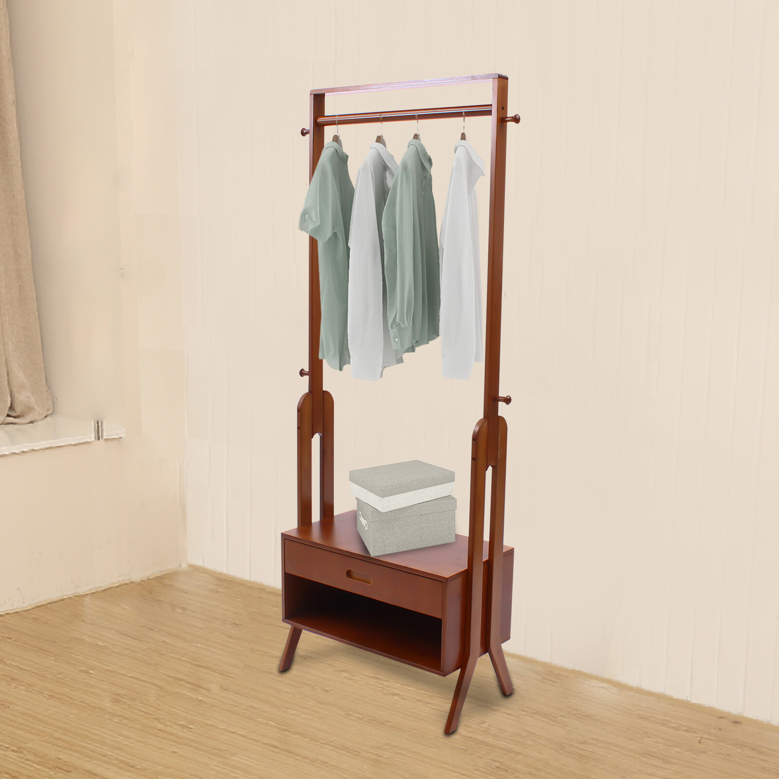 Bamboo Clothing Rack With Storage Drawer, Garment Rack Clothes Racks For Hanging
