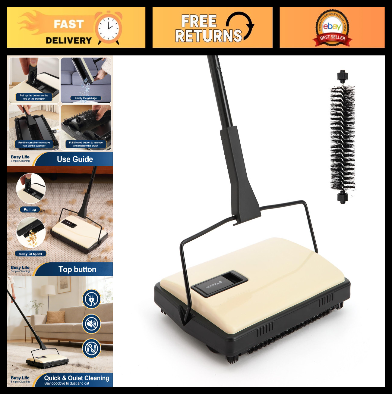 Lightweight Manual Carpet Sweeper – Non-Electric Hand Push Cleaner for Rugs, Pet