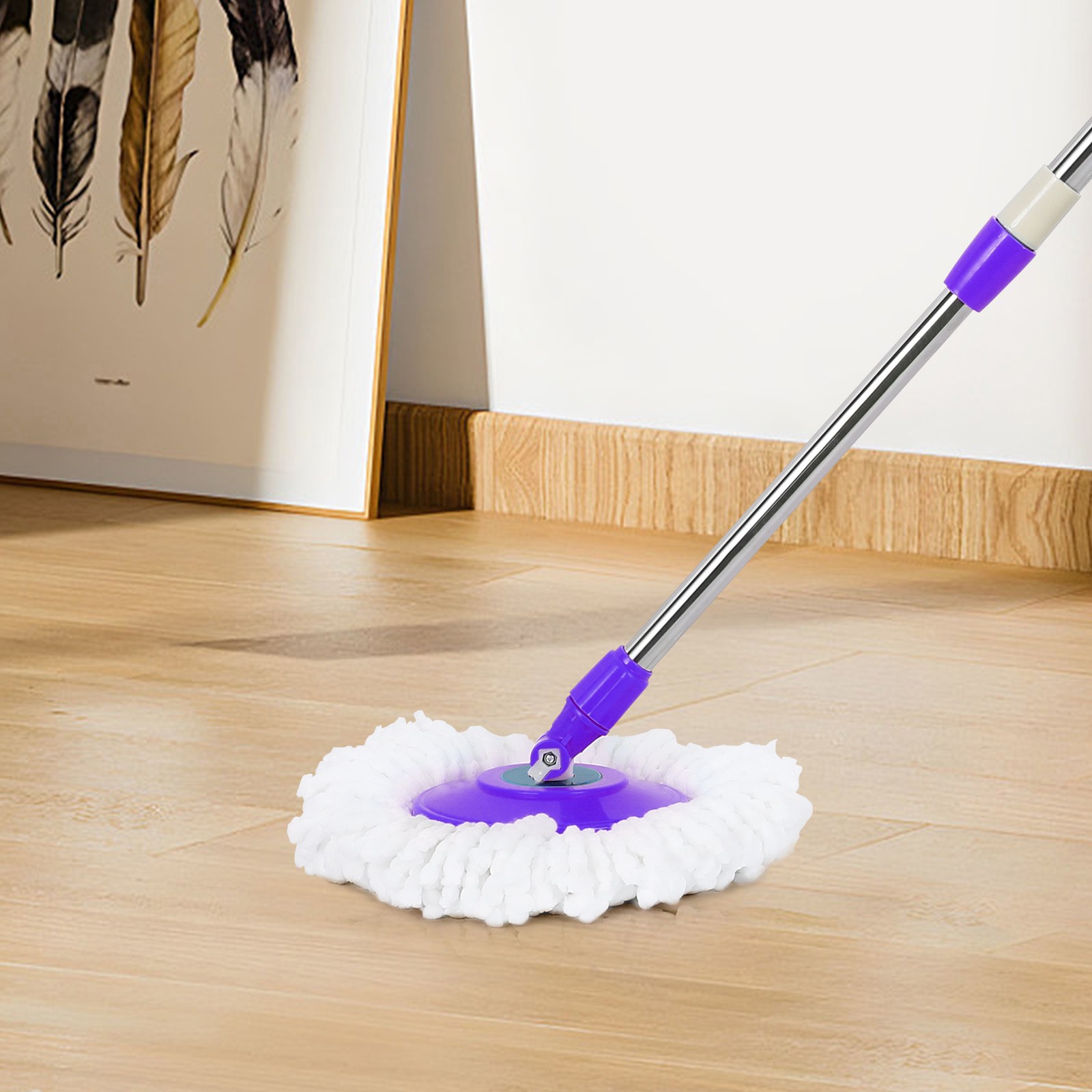 360° Rotating Spin Mop Handle Replacement Adjustable Pole 2 Microfiber Mop Heads