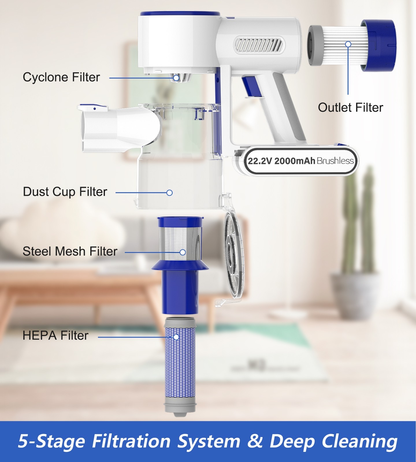 Cordless Vacuum Cleaner 65Kpa Suction Rechargeable 60min 1.5L Stick Lightweight