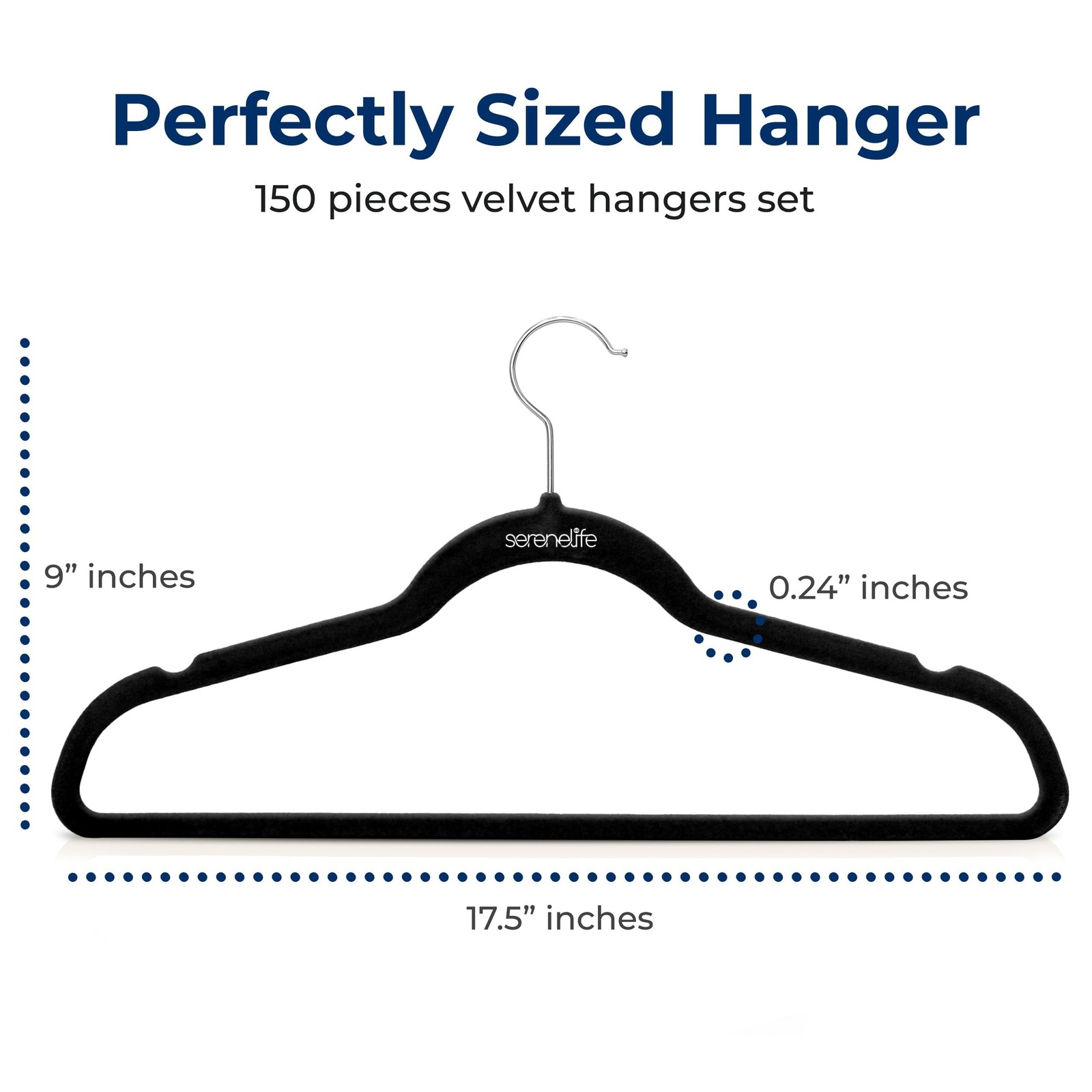SereneLife SLHVEL1150 Non-Slip Velvet Hangers 150 Pieces Black 360 Swivel Hook
