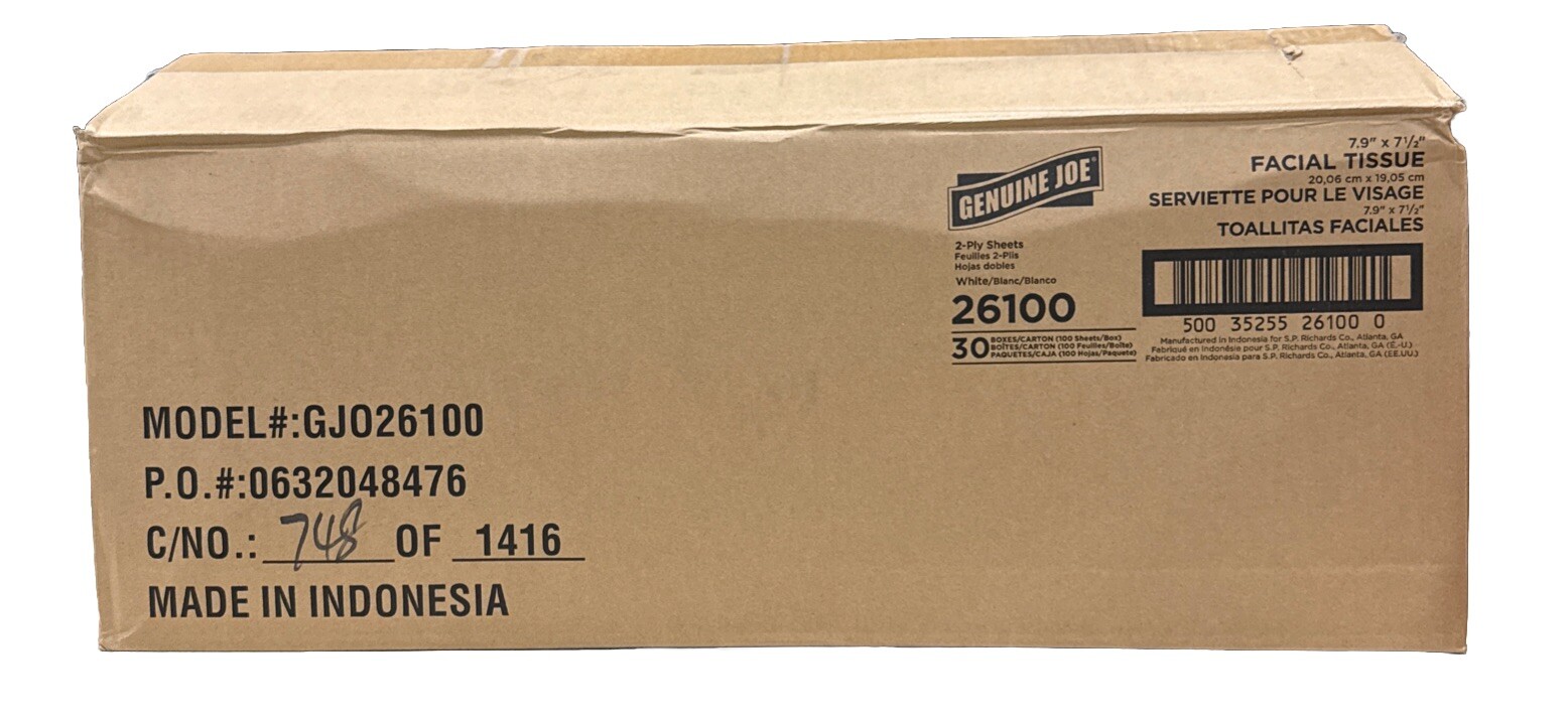 Genuine Joe Facial Tissue 2-Ply Flat Box 100 Shts/Box 30/CT White 26100
