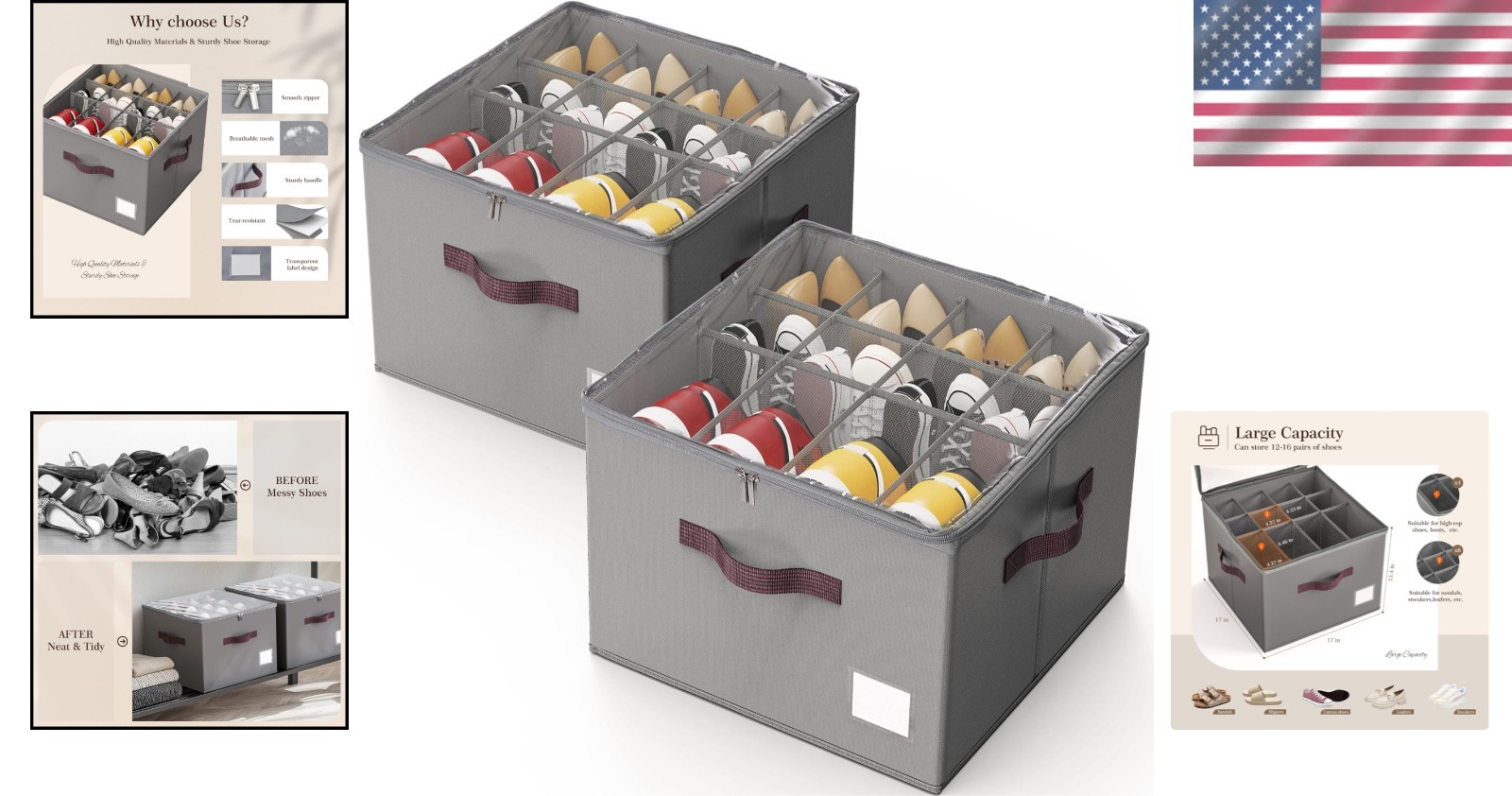 Shoe Organizer Closet Storage 2 Pack Foldable Shoe Box with Handles