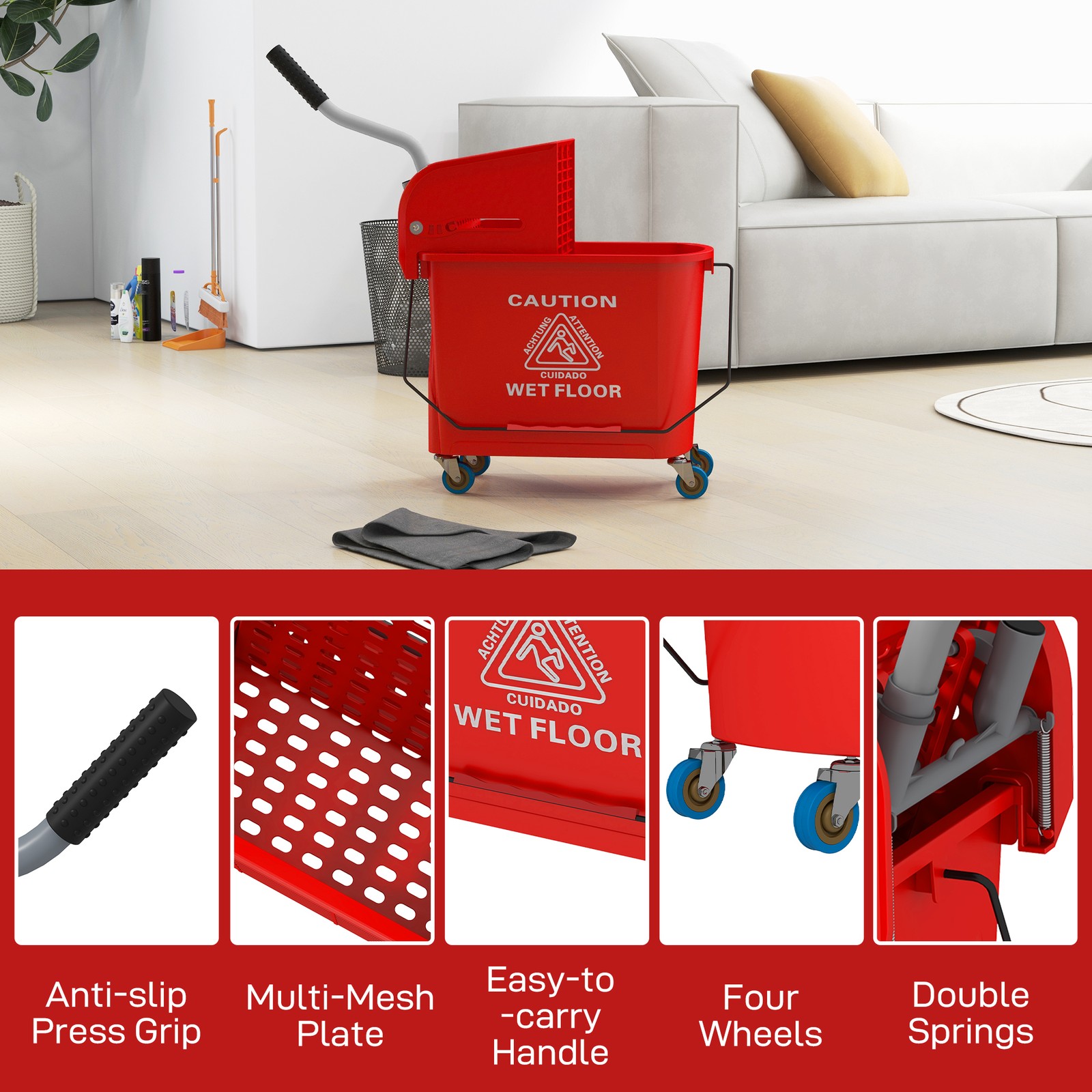HOMCOM Mop Bucket with Wringer on Wheels for Floor Cleaning 21 Quart Red