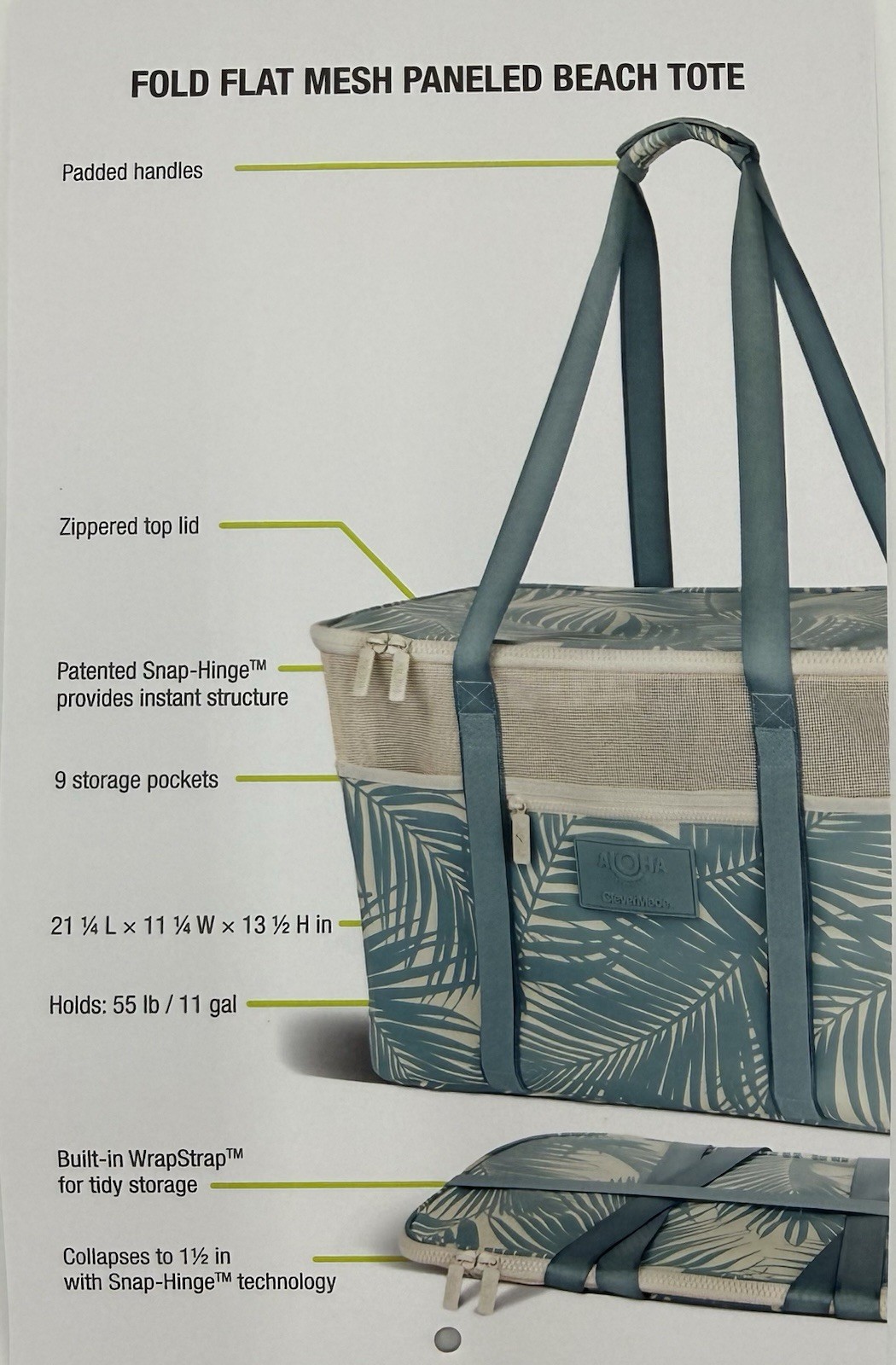 Aloha Collection CleverMade Collapsible Beach Tote Bag Set of 2 Hawaii