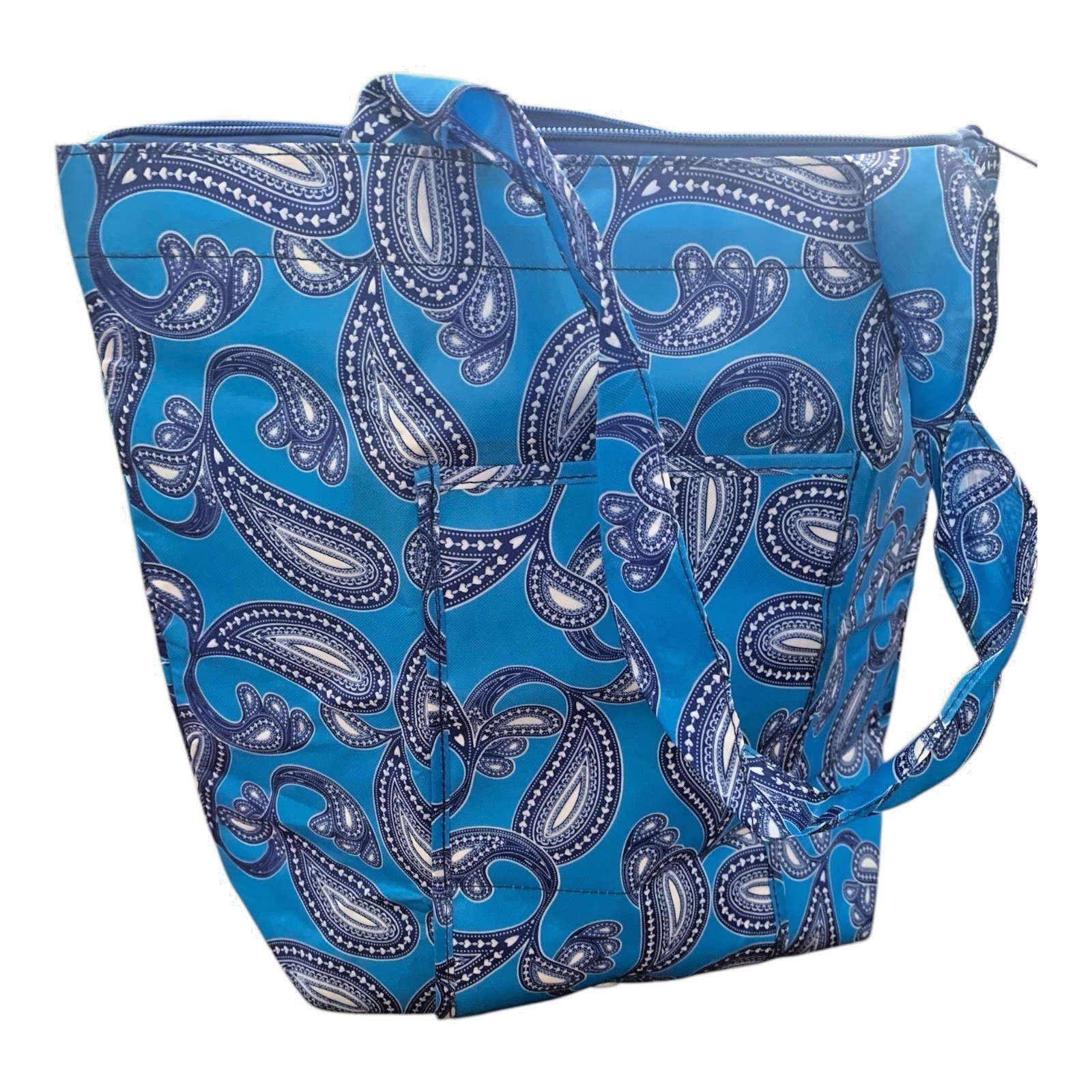 Unbranded Folding Reusable Tote Bag Set Paisley Polka Dot Blue Tan 5 Piece Set