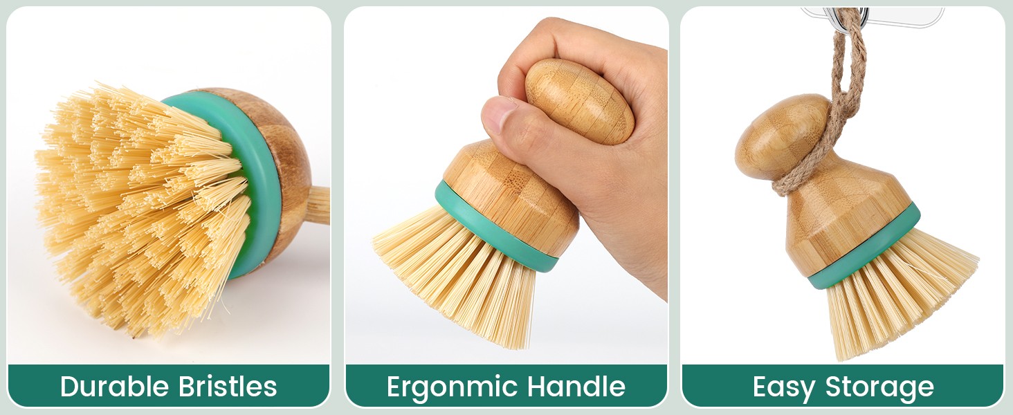 Set of 3 Bamboo Dish Scrub Brushes Wooden Handle Stiff Bristles Scrubbers for
