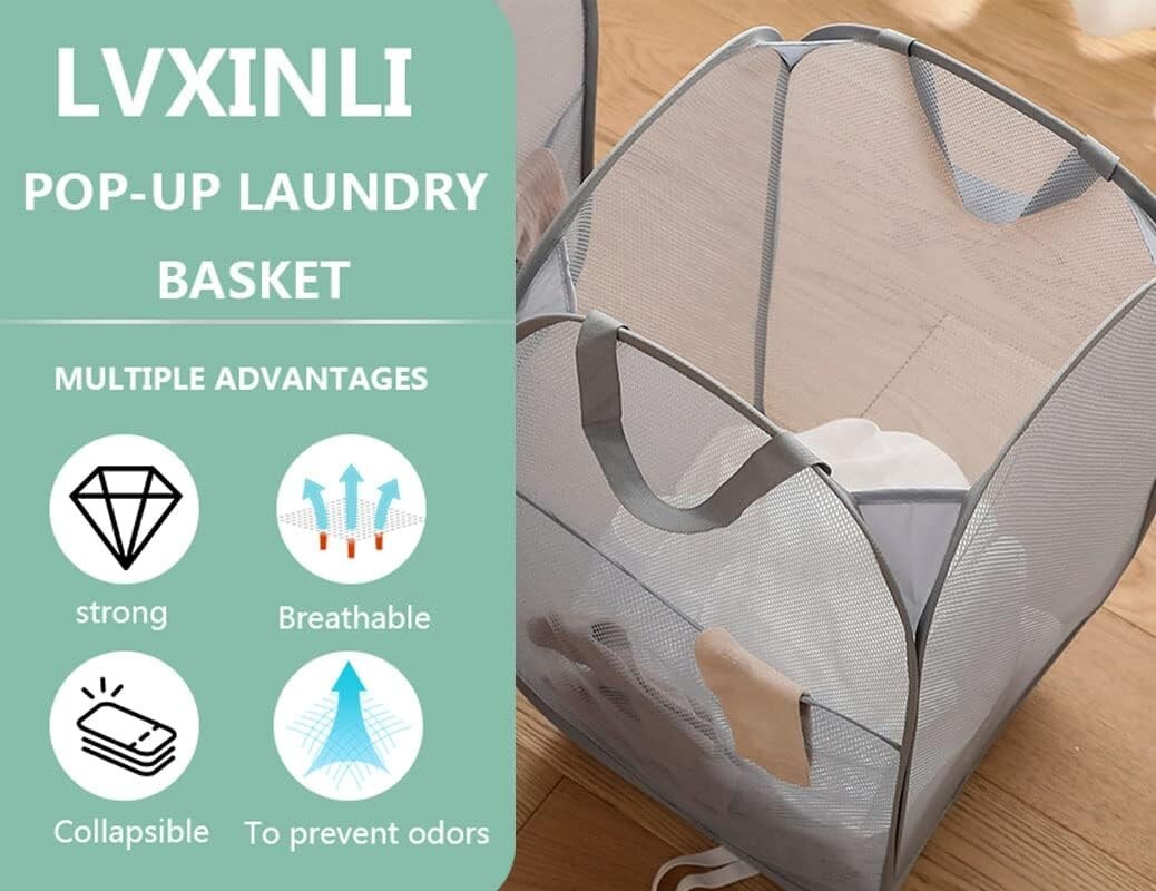 2 Pack Mesh Laundry Basket,Foldable Popup Laundry Hamper 14″L x 13″W x 24″H