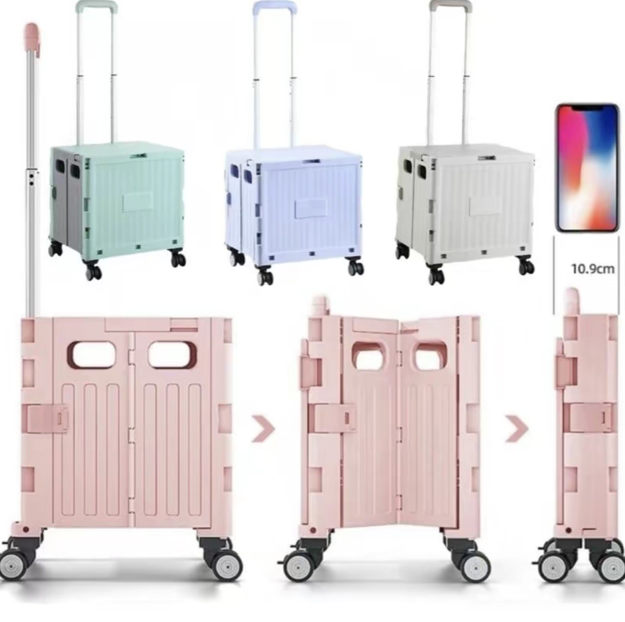 Folding Rolling Cart with Lid,Collapsible Trolley for Shopping and Office(pink)